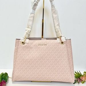 NEW Michael Kors Trisha Large Gusset Logo Shoulder Bag in Dark Powder Blush